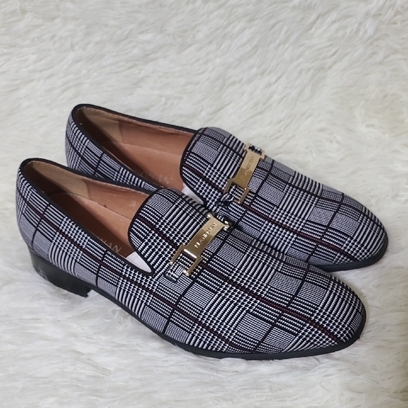 ELANROMAN Men's Plaid Black and White Dress Loafers Leather Lined - Size 8.5 - Picture 1 of 13